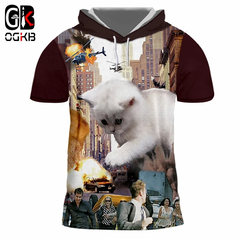 

OGKB Hooded Tee Shirt Homme New Short 3D Tshirt Printed Starry sky cat Hip Hop 6XL Attire Hombre Slim Hat Tshirt