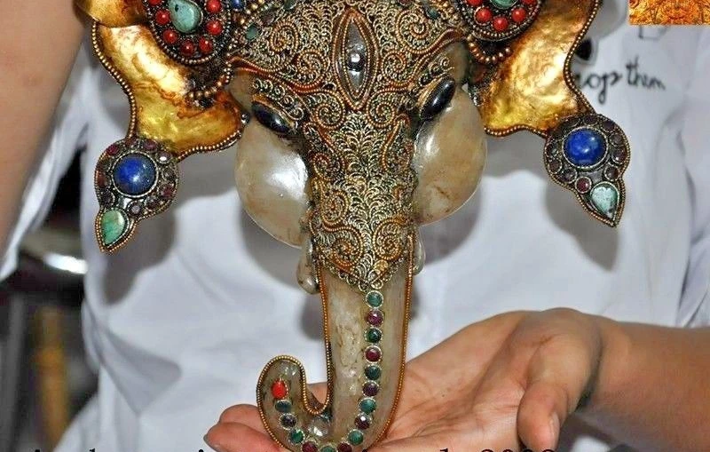 10&quotTibetan silver Filigree 24k gold Inlay gem Elephant Jambhala Shrines statue | Дом и сад
