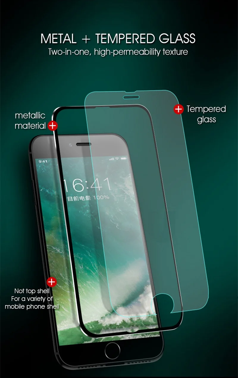 Закаленное стекло с металлическими краями для Apple iPhone 11 Pro Max X XR XS Max 7 8 6 6s Plus, полное покрытие, Защитная пленка для экрана