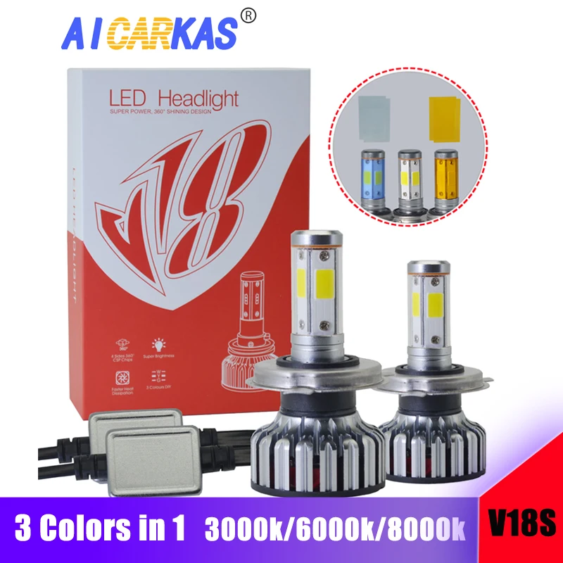 AICARKAS 3 цвета в 1 COB светодиодный головной светильник лампы H1 H7 H11 9005/HB3 9006/HB4 9012 H4 9004 H13