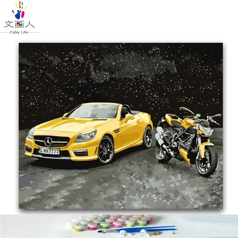 9077 Yellow car Diy раскраска краски по номерам Желтый спортивный автомобиль мотоцикл картины по номерам с цветами наборы для детей 40x50 рамка - Цвет: 9077 Yellow car