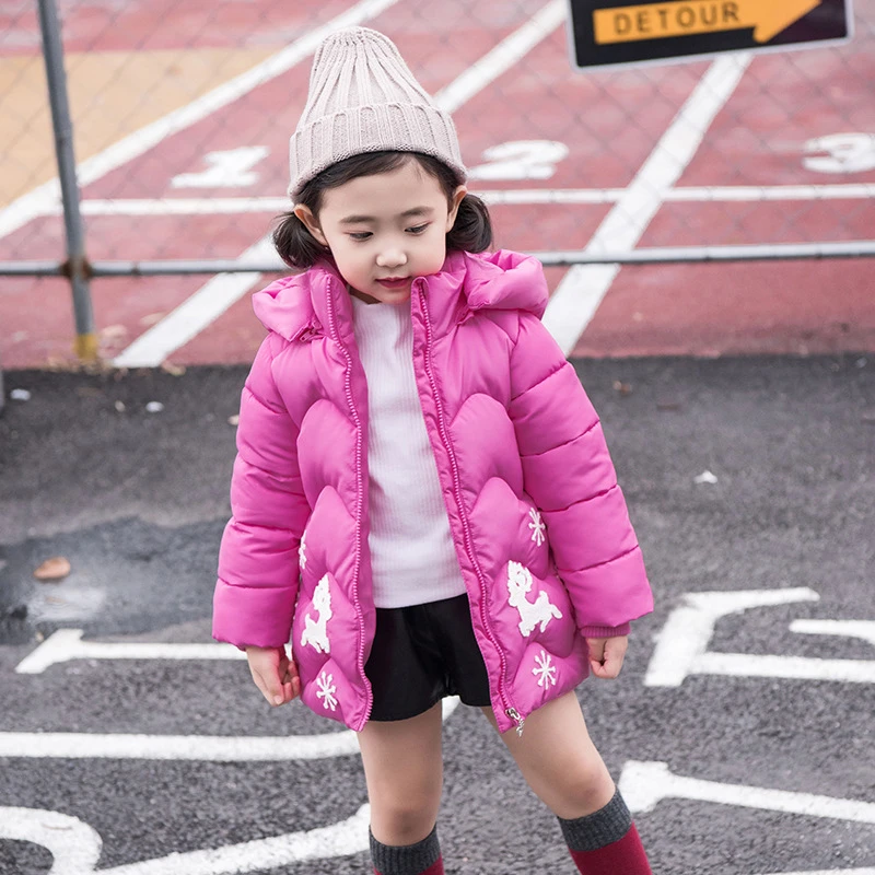 Зимняя куртка для маленьких девочек пальто теплая с капюшоном рисунком оленя