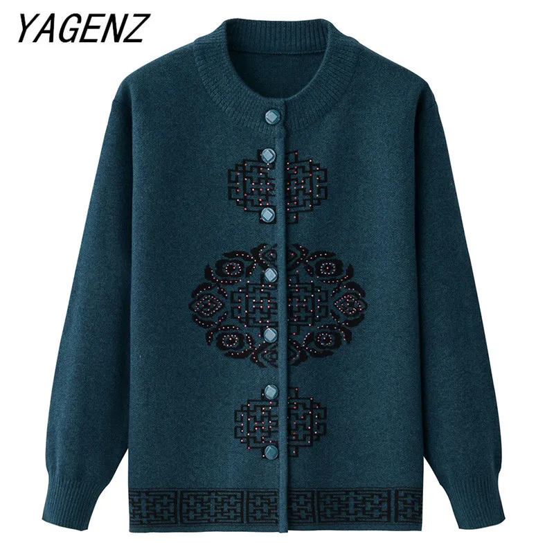 Orta yaşlı kadın Sonbahar Kış Triko Kazak Ceket Baskı O boyun Gevşek Sıcak Kazak Büyük boy Büyükanne Hırka ceketler 5XL
