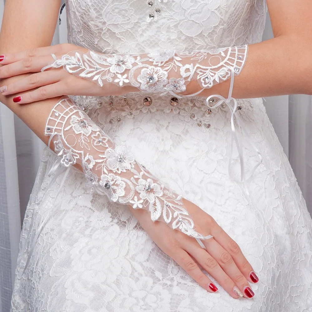 Белые свадебные перчатки jaevini 2020, свадебные перчатки без пальцев с бисером, кружевные свадебные перчатки со стразами, свадебные аксессуары от AliExpress WW