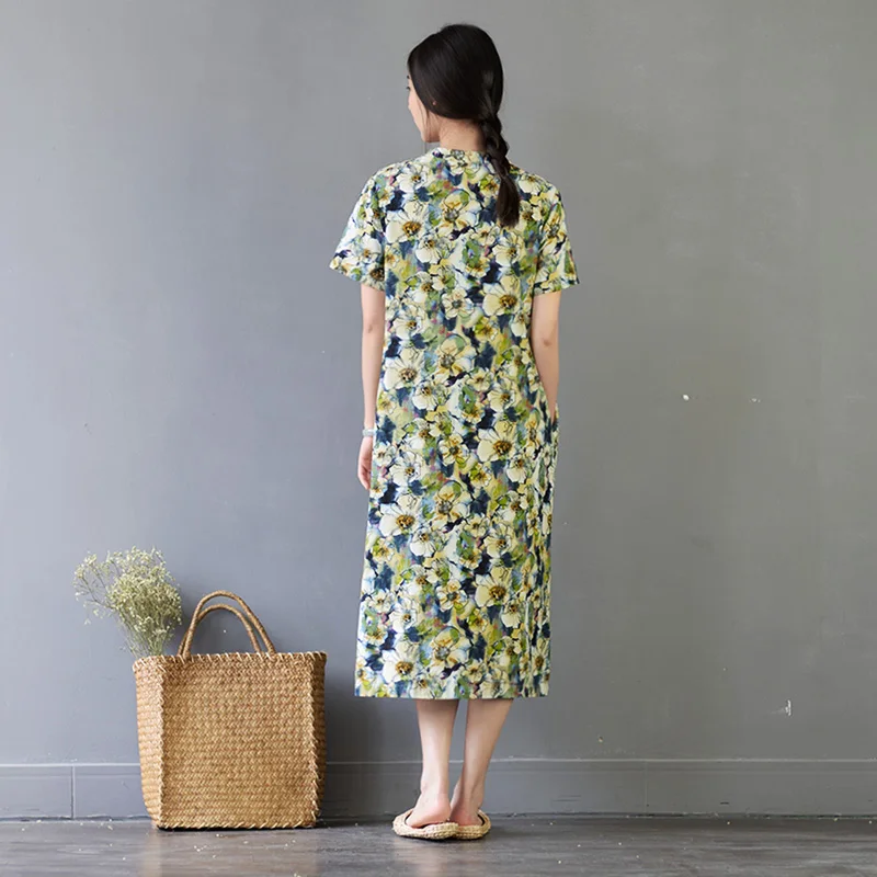 Женское льняное платье трапеция с коротким рукавом и цветочным принтом|linen dress|linen