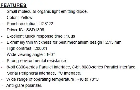2,36 дюймов 24P SPI COG белый oled-дисплей SSD1305 драйвер 128*22 IIC I2C/8 бит параллельный интерфейс 3003321501001