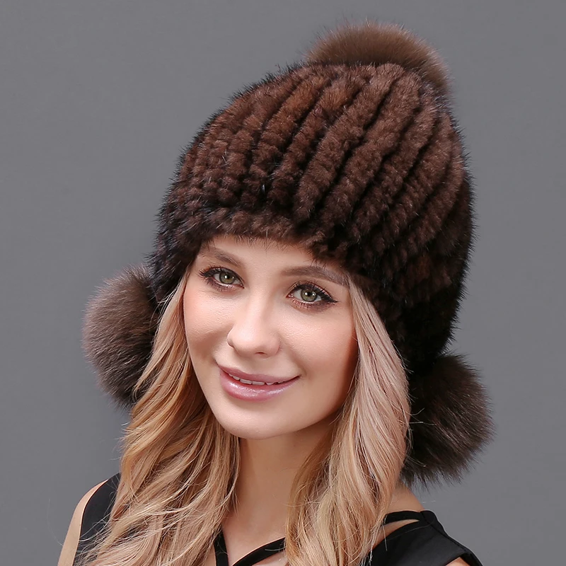 Женские шапки из 100% натурального меха норки вязаные шапочки шапка с двумя