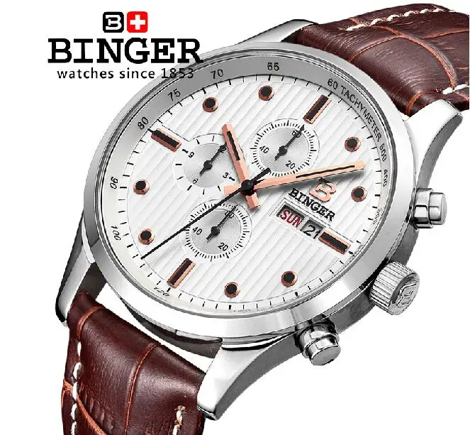 Швейцарские мужские часы люксовый бренд наручные Бингер кварцевые кожаный