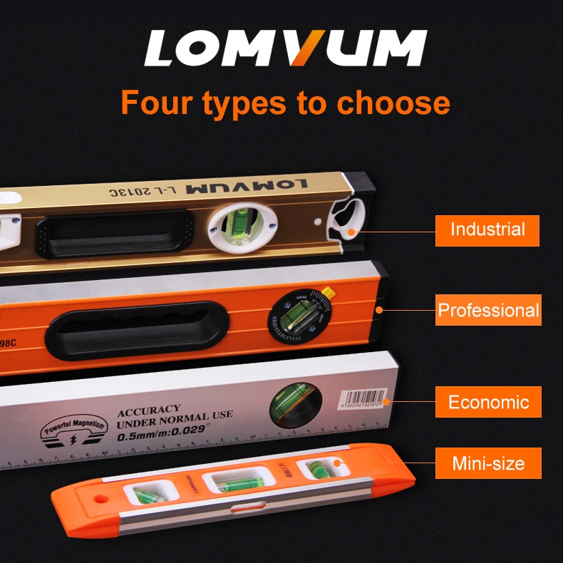 LOMVUM Высокая точность Дух Уровень Магнитный высокой несущей правитель рычаг пузыри нержавеющие горизонтальная линейка уровень духа флаконе