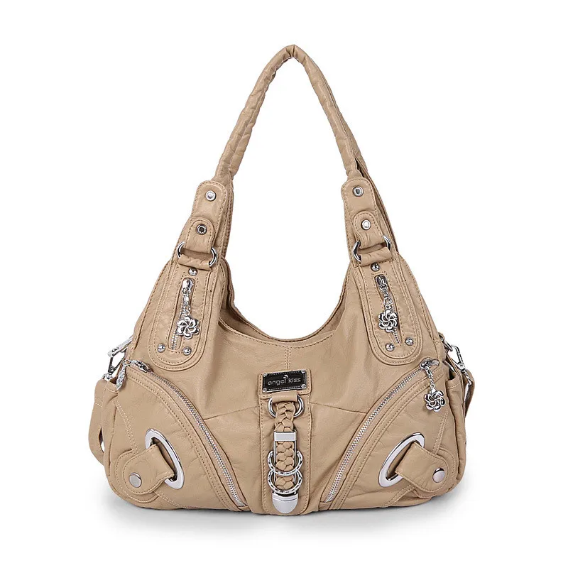 Beige Женские сумки из омытой кожи, ретро сумки на плечо, модные однотонные креативные повседневные сумки-мессенджеры ZF9504 - Цвет: Beige