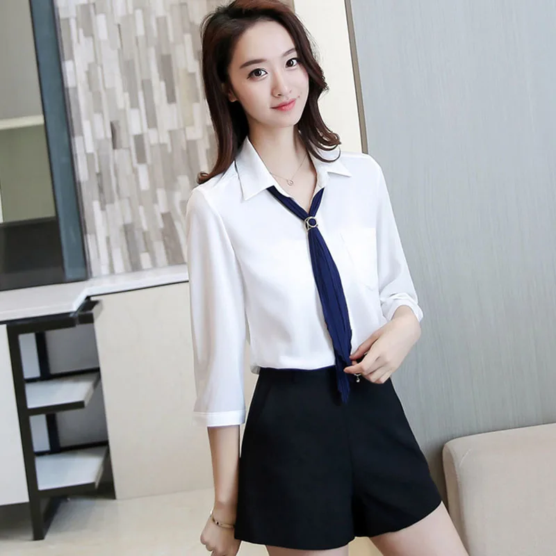 Белые рукава три четверти Повседневная Женская рубашка дамы блузка| |