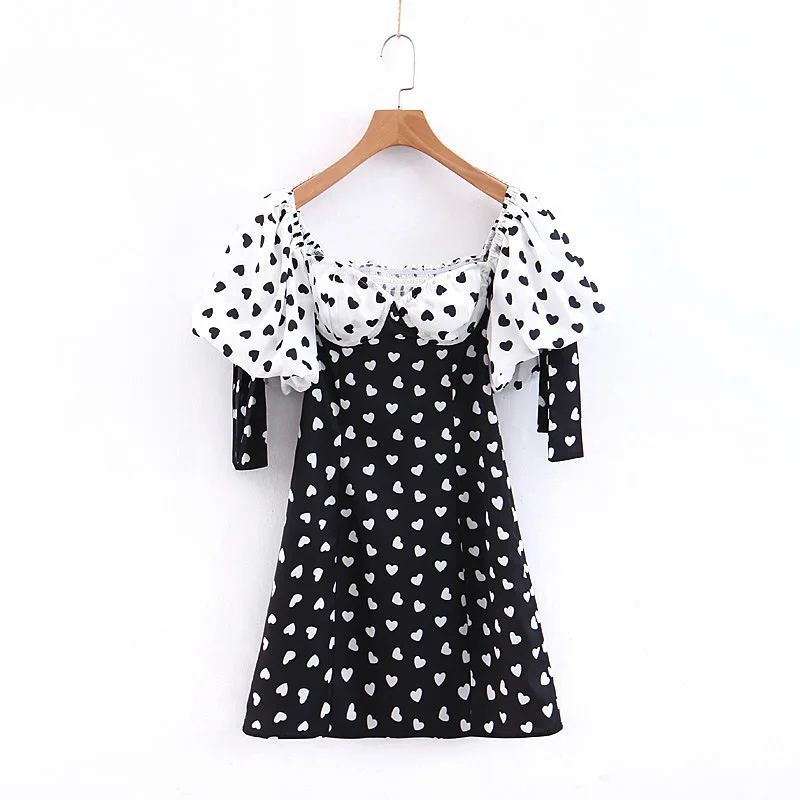 Винтажное платье с открытыми плечами в стиле дворца женское принтом сердца