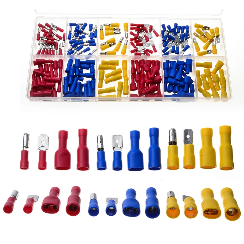 

200Pcs PVC Cold Press Crimp Terminals Electrical Insulated Connectors Bullet Spade Male Female Terminator Marine Automotive Set