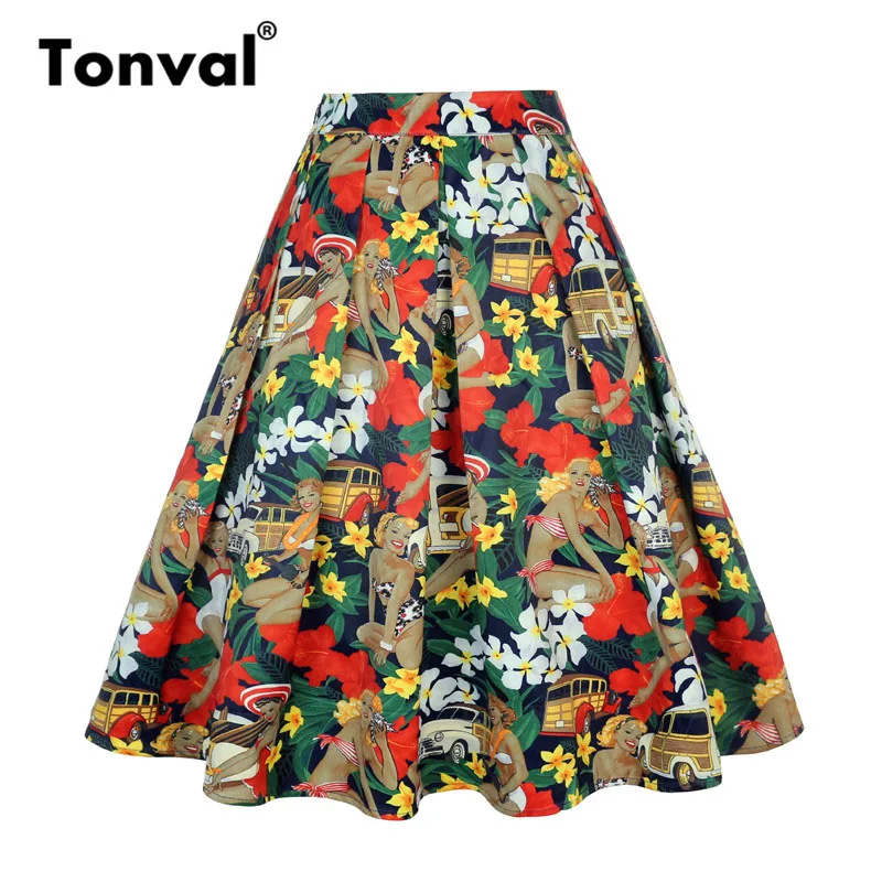 Color 3 Tonval винтажная черная плиссированная юбка с принтом кактуса с эластичной резинкой на талии, повседневные юбки с карманами, Женская юбка миди с высокой талией - Цвет: Color 3