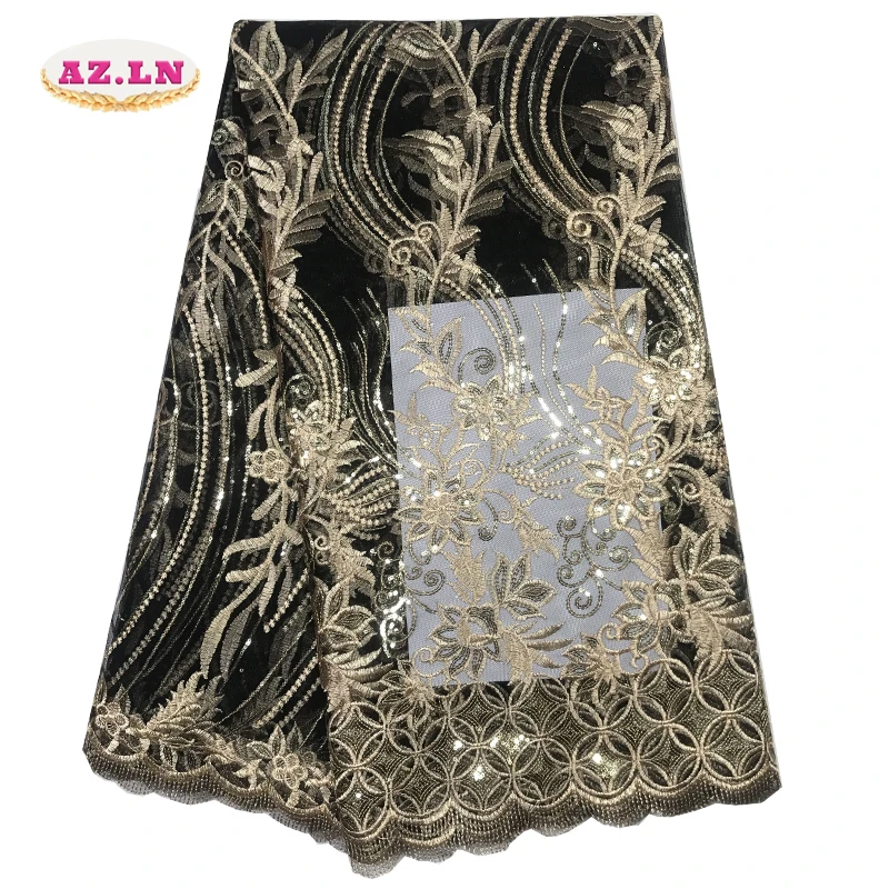 Кружевная ткань в африканском стиле черного цвета с блестками красивая