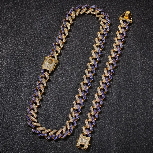Gold and Blue В стиле «хип-хоп» 2 шт./компл. льдом 15 мм Майами Циркон кубинская цепь из горного хрусталя и Браслеты 16/18/20/24/дюйм для Для мужчин ювелирные изделия - Окраска металла: Gold and Blue