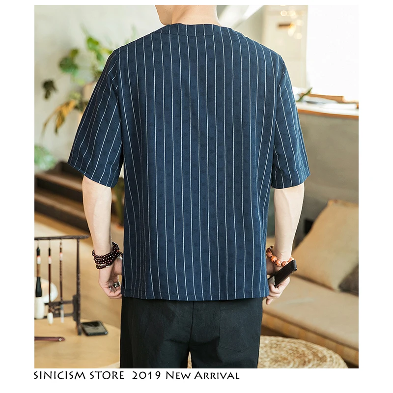 Sinicism Store мужская повседневная полосатая футболка мужские летние винтажные футболки мужские хлопковые льняные футболки с круглым вырезом одежда в китайском стиле