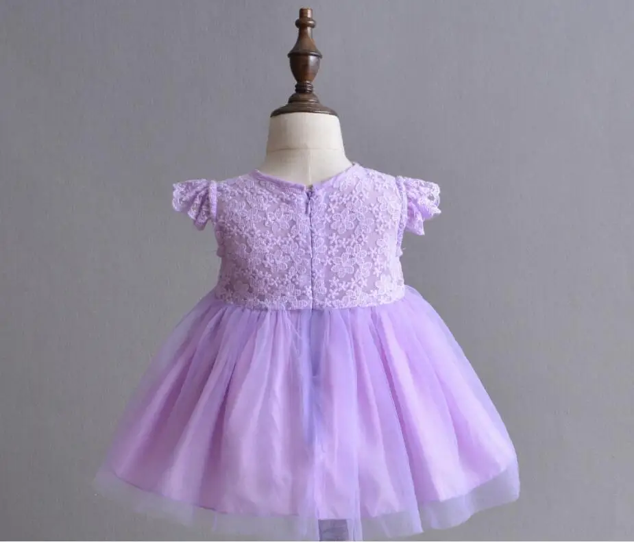 Purple Thin Lace Flowers Tulle Baby Girl Birthday Dress Princess Wedding Party Newborn Flower Headband Mini Coat Hat