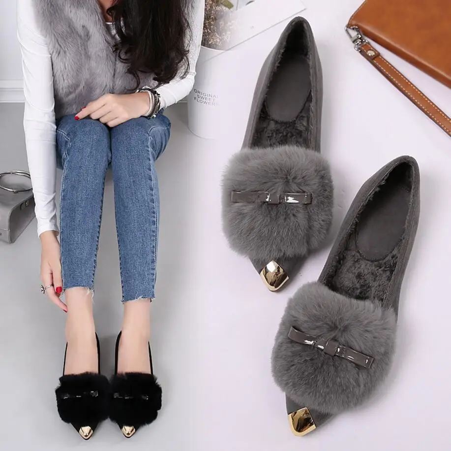 Женская обувь с бантиком из кроличьего меха размера плюс 43 остроконечный