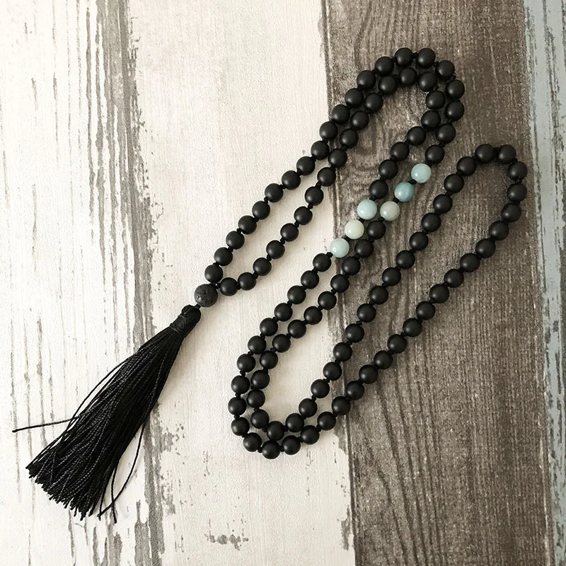 108 ожерелье из черного оникса и амазонита мала с бусинами гуру лавы хлопковыми