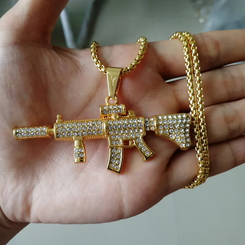 rifle Bling bling AK-47 вращающийся пистолет-Пистолет Хип-хоп золото серебро кристалл кулон ожерелье, Льдом Из кубинской цепи ювелирные изделия - Окраска металла: rifle
