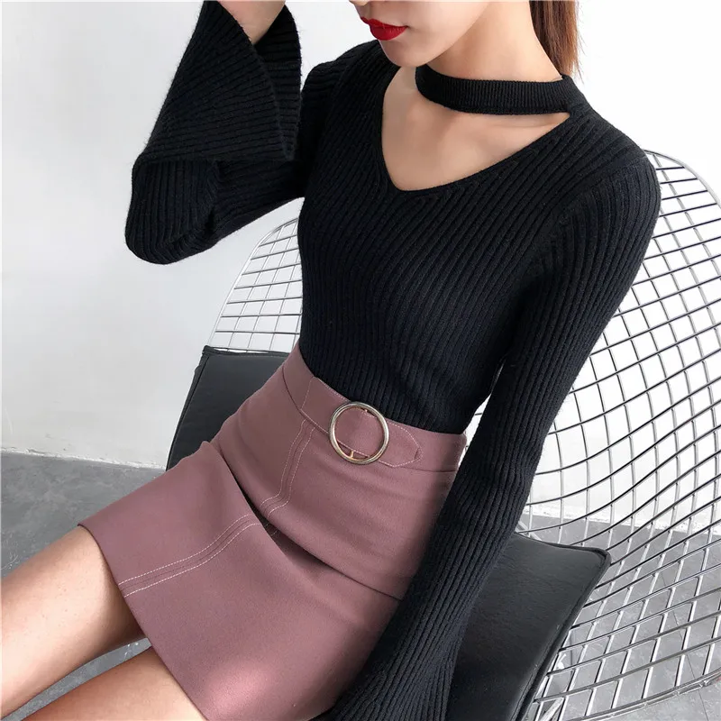 8166 (3 room 8 Row 6) solid color new V collar sleeve knitted sweater 37 | Женская одежда
