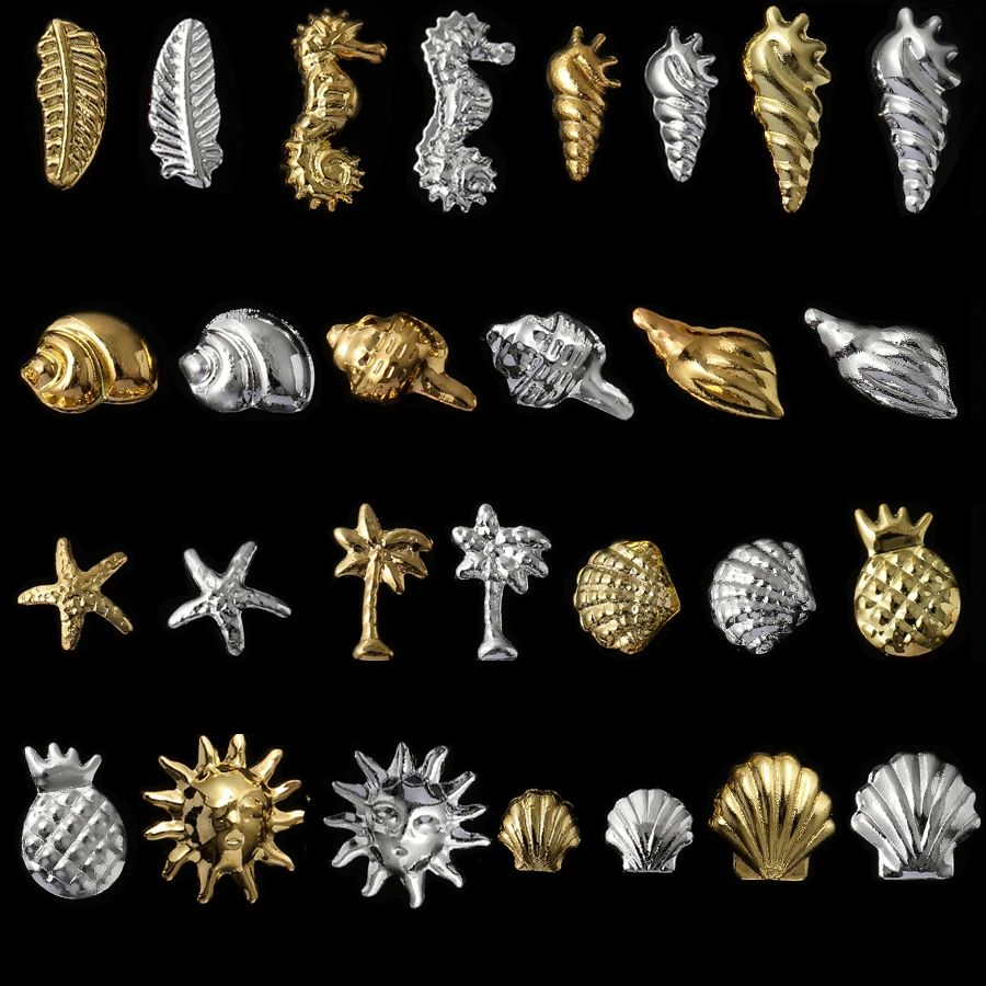 

100PCS/lot 3D DIY Metal Nail Art Decorations Gold Rivet Manicure Accessories Conch Shell Seahorse Starfish Slider Nail Studs