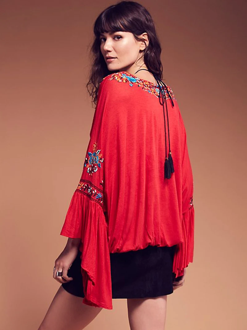 Boho блуза с цветочной вышивкой, с длинным рукавом, v-образный вырез, повседневная, праздничная, шикарная, богемная, свободный стиль, Женский Топ, блузки в стиле хиппи