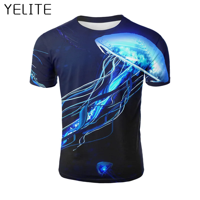 YELITE, Мужская футболка, 3d принт, летняя футболка, короткий рукав, новинка, мужская синяя флуоресцентная светящаяся Медуза, хит