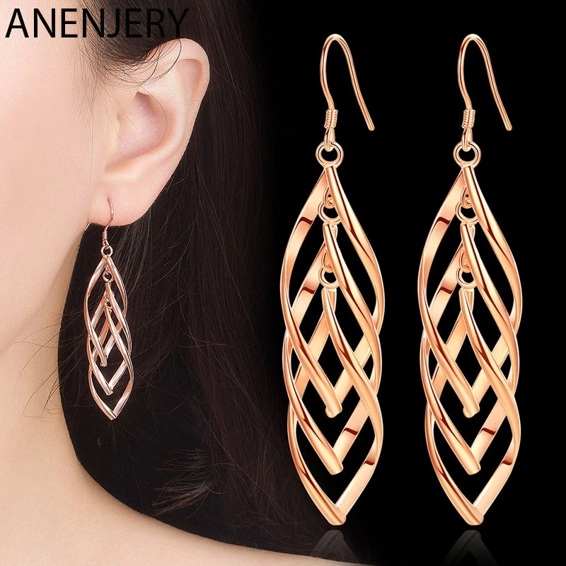 ANENJERY, 925 пробы, серебряные серьги, многослойные скрученные кисточки, висячие серьги для женщин, oorbellen, серебро, розовое золото, цвет S-E874