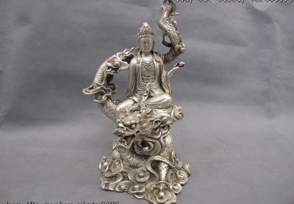 Chinese Buddhism White Copper Silver Ride Dragon Guan Yin Kwan-yin Boddhisattva | Дом и сад