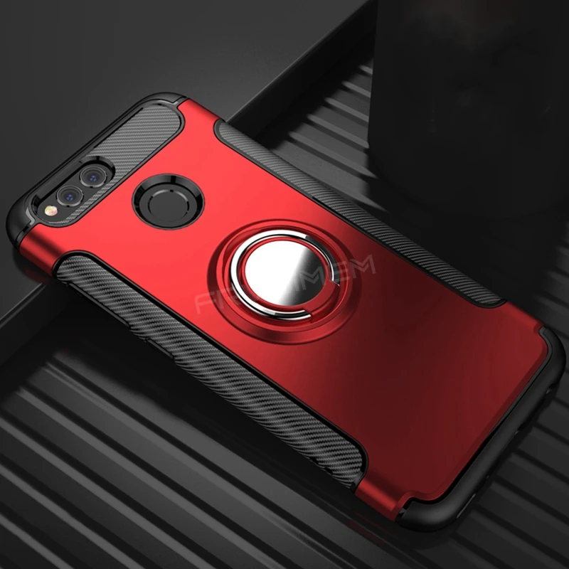 360 чехол для телефона с кольцом-держателем для huawei Honor7X Honor 7X5,93 7 X дюймов, магнитная автомобильная подставка, ТПУ силиконовый чехол с краями - Цвет: Красный