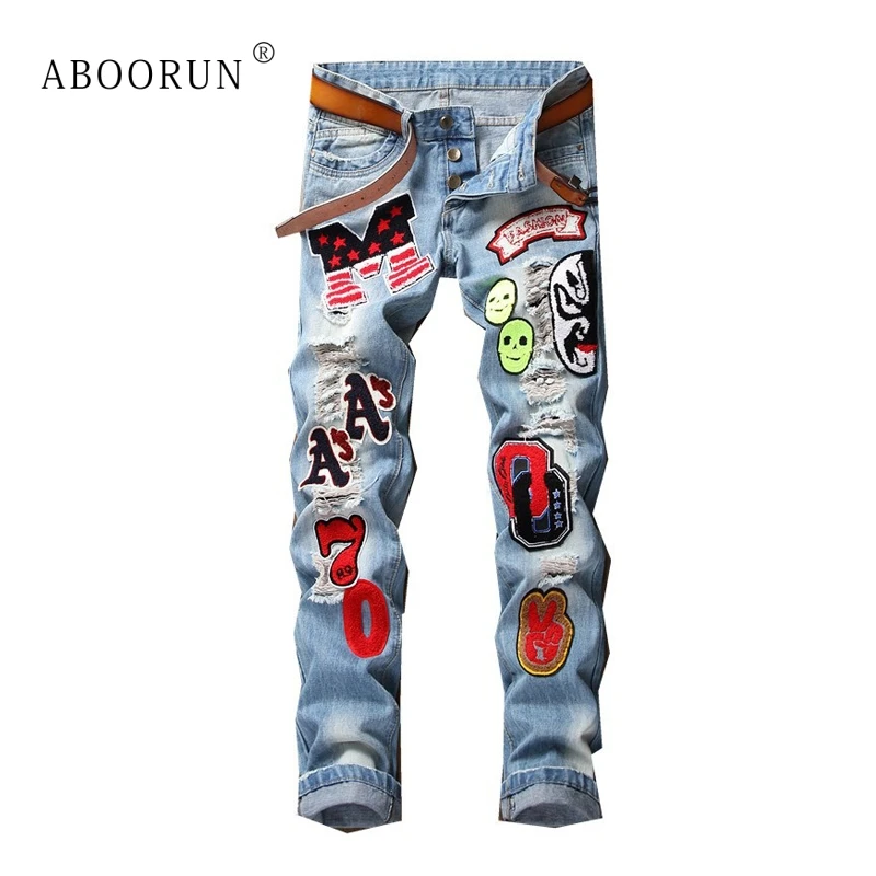 ABOORUN Hi Street мужские модные джинсовые брюки с Вышивкой Букв рваные джинсы брендовые