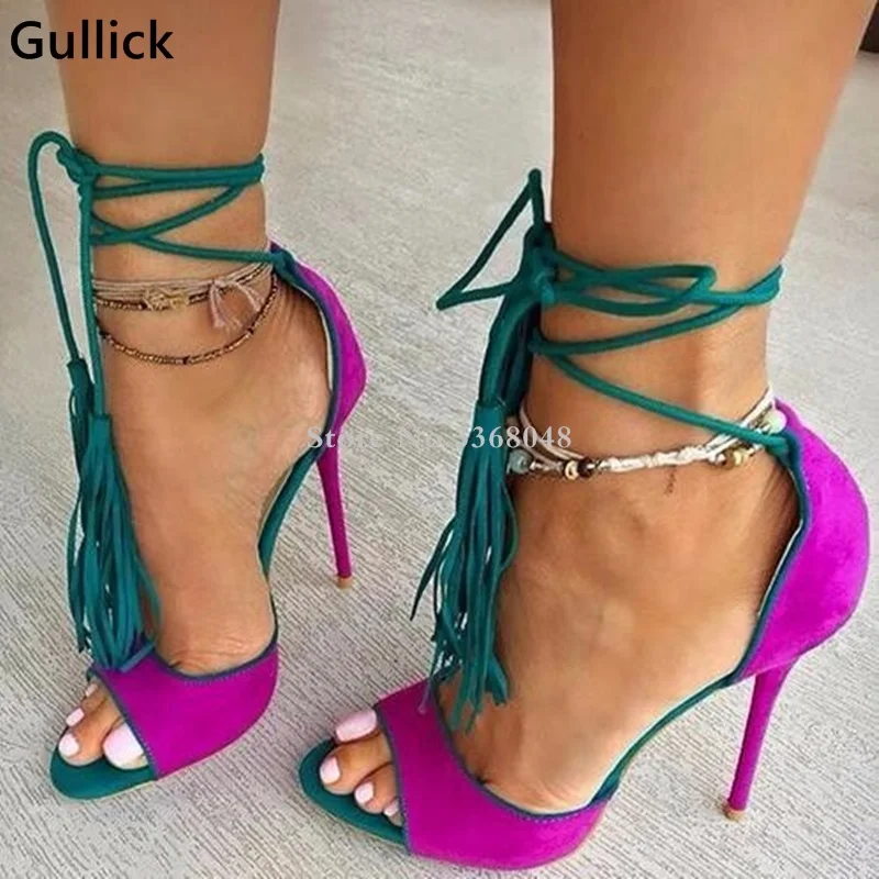

Women Chic Fuchsia Patchwork Tassel Sandals Lace Up Cut-out Ankle Shoes Covered Heel Super High Heels Ladies Banquet Pumps