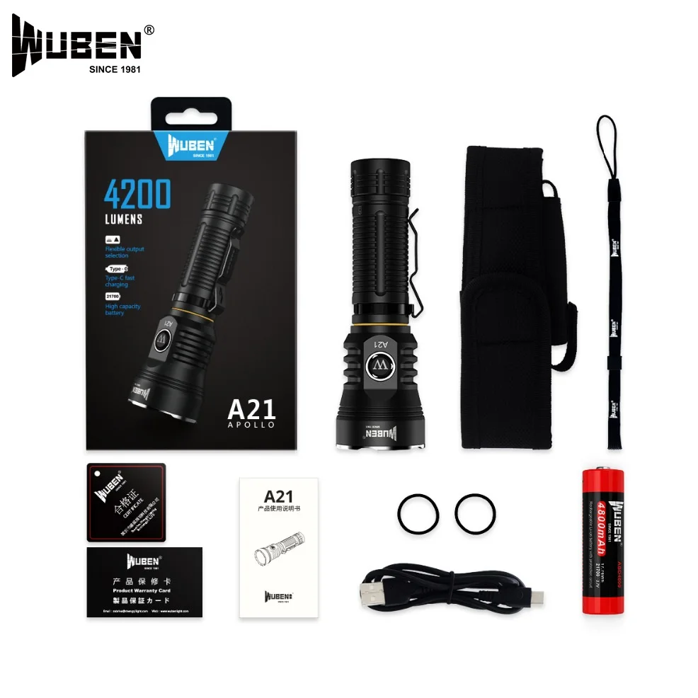 

Светодиодный фонарик WUBEN A21 CREE XHP70 4200 люмен с USB Перезаряжаемый наружный фонарик с батареей 4800 мАч