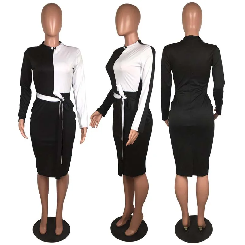 

African Dresses for Women Formal Contrast Color Long Sleeves Office Lady Elegant Slim Dress Bandage Commuted Female Clothes