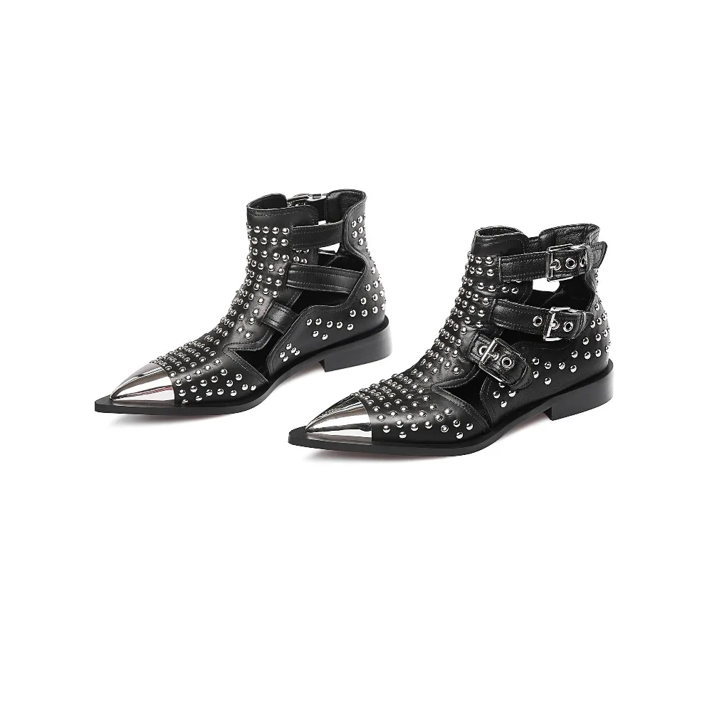 Studded Cow Leather Street Ankle Boots Buckles Women Flat Gladiator Boots Zapatos Mujer Ladies Punk Metal Toe Cap Shoes Size 43
