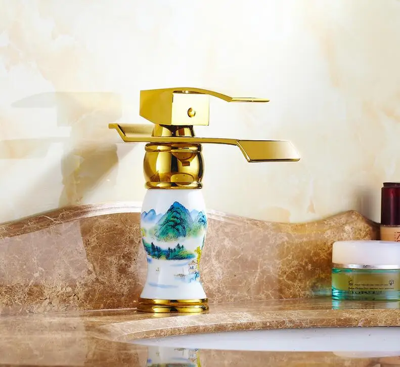 

New Arrival Deck mounted brass and Blue and white porcelain waterfall faucet Bathroom Basin faucet Gold Sink Faucet Bath tap