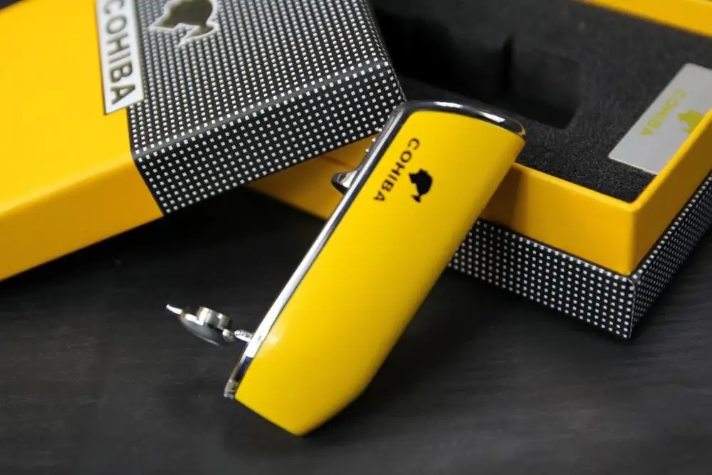 COHIBA Аксессуары карманный качественный Металлический Змеиный рот Форма бутан газ ветрозащитный 3 фонарь струи пламени прикуривателя W удар - Цвет: yellow with box