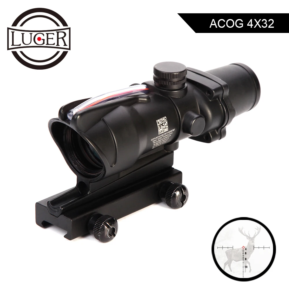 LUGER Охотничий Прицел ACOG 4X32 оптика из настоящего Волокна Красная точка с подсветкой шеврон стекло травление сетка тактический оптический прицел Прицелы
