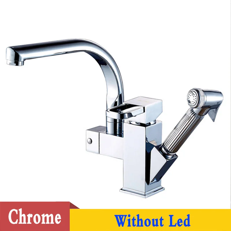 Chrome no led POIQIHY Chorme вытяжные Кухонные смесители с двойным носиком, кухонные смесители на бортике, опрыскиватель для душа, кухонные краны, смеситель для горячей и холодной воды - Цвет: Chrome no led