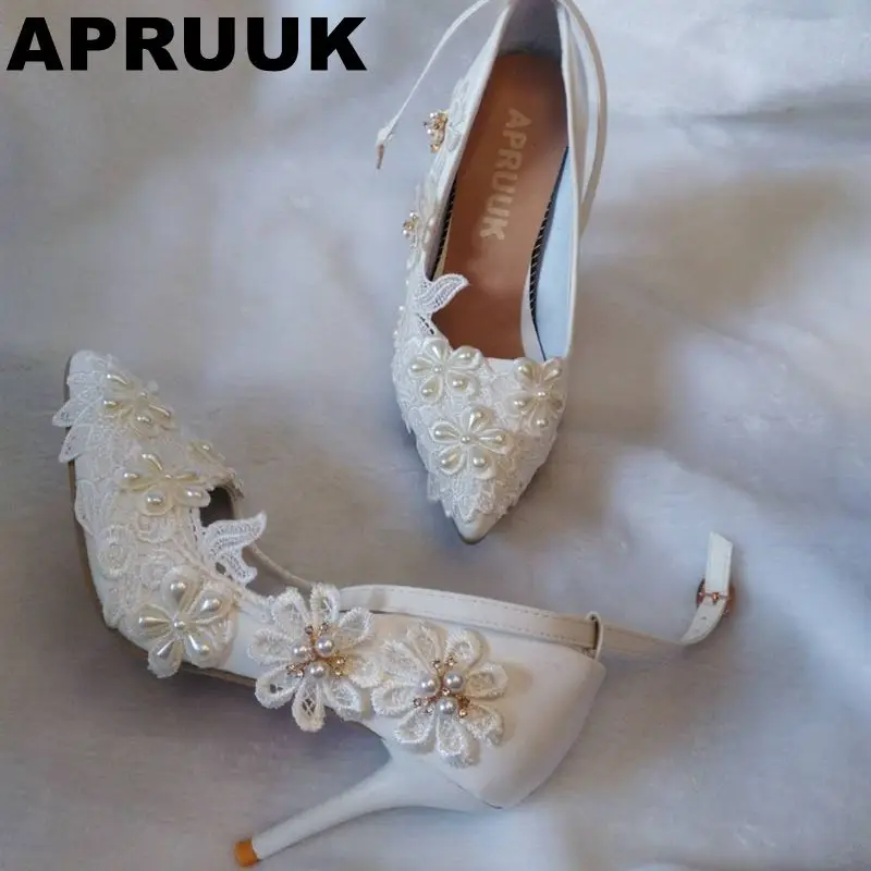 

9CM thin high heels wedding shoes women sexy point toes crystal rhinestones lace flower wedding party pumps shoes white