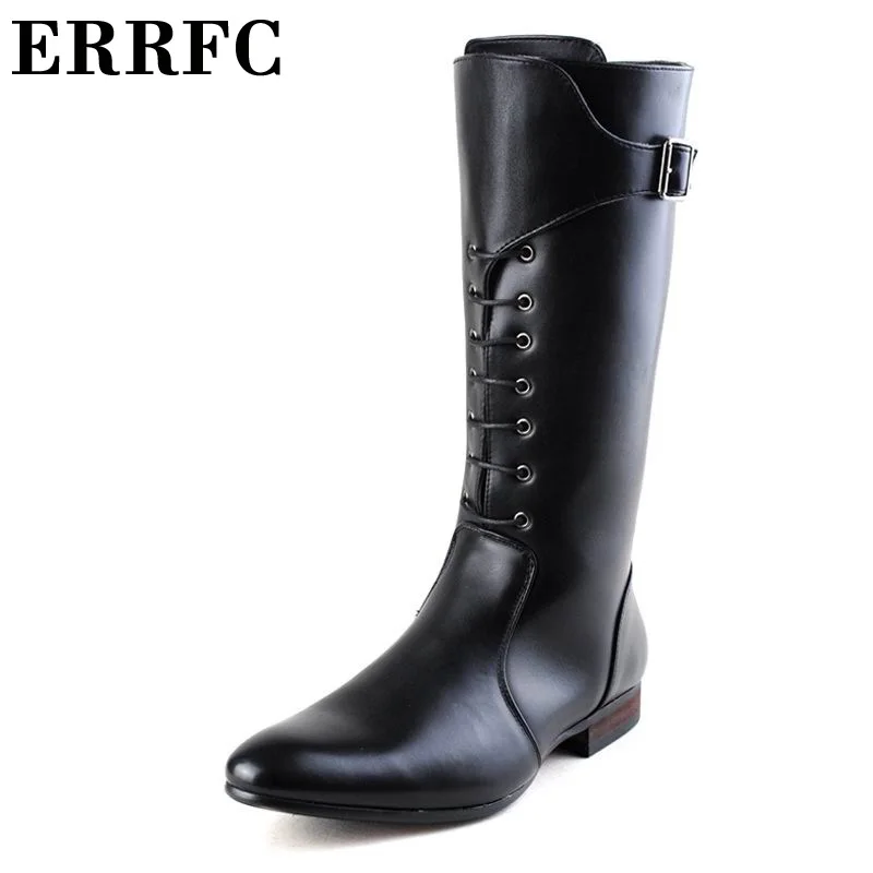 

ERRFC Tide Mens Long Boots Pointed Toe Lacing With Buckle For Ridding Motorcycle Dressing Up PU Leather Leisure Shoes 38-44