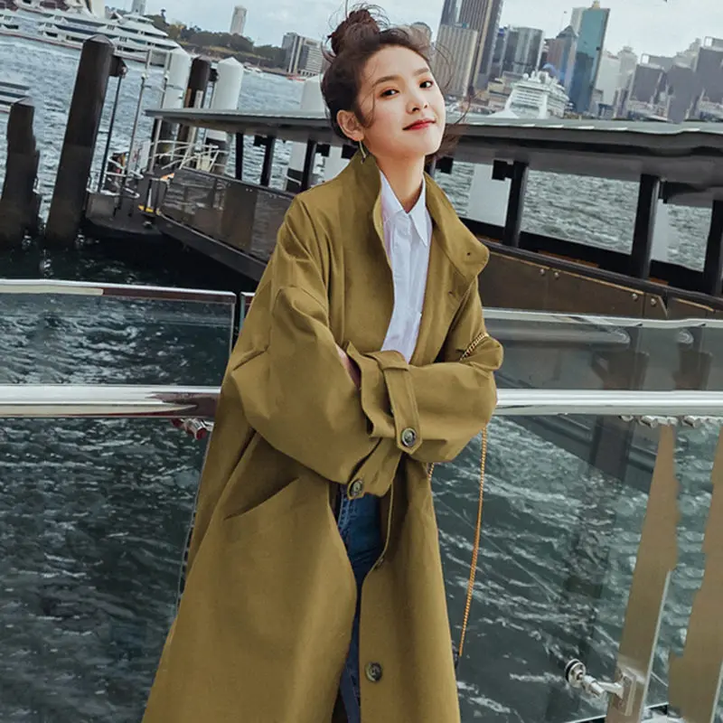 2020 Осенняя Женская ветровка с воротником стойкой длинный рукав подол Раздельный