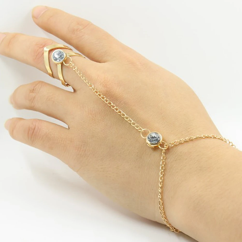 Women Jewelry Punk Bracelet Rhinestone With Finger Ring Hand Harness Chain Decor | Украшения и аксессуары