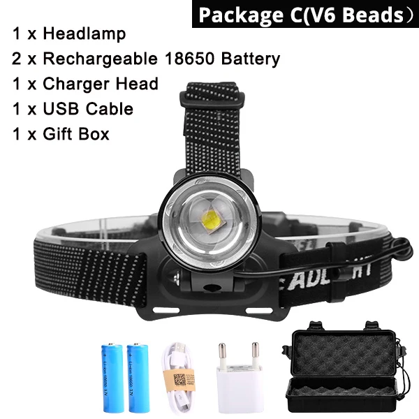 Packge C V6 50000LM XHP70 Светодиодная лампа Водонепроницаемая V6 самый мощный XHP50 фар Перезаряжаемые 18650 увеличения фонарь для велосипеда Фонари - Испускаемый цвет: Packge C V6
