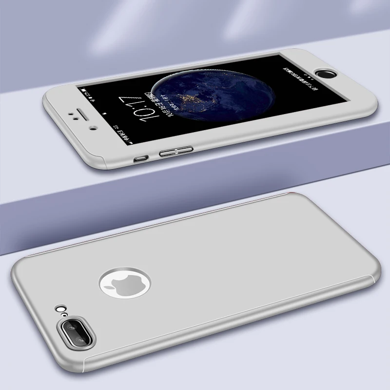 Серебристый Чехол на 360 градусов для iPhone 7, 8 Plus, X, XR, XS Max, с закаленным стеклом, Жесткий Чехол для iPhone 6, 6splus, X, 5, 5S, SE - Цвет: Серебристый