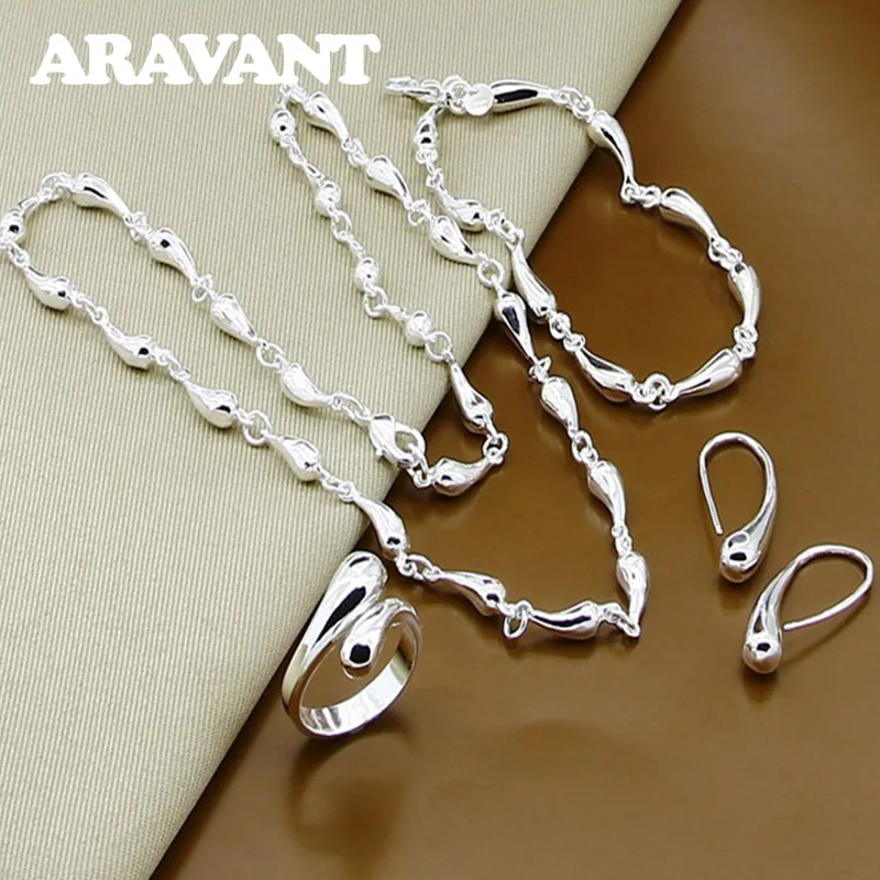 

925 Silver Jewelry Sets Full Water Drop Necklaces Bracelets Earrings Rings Sets For Women