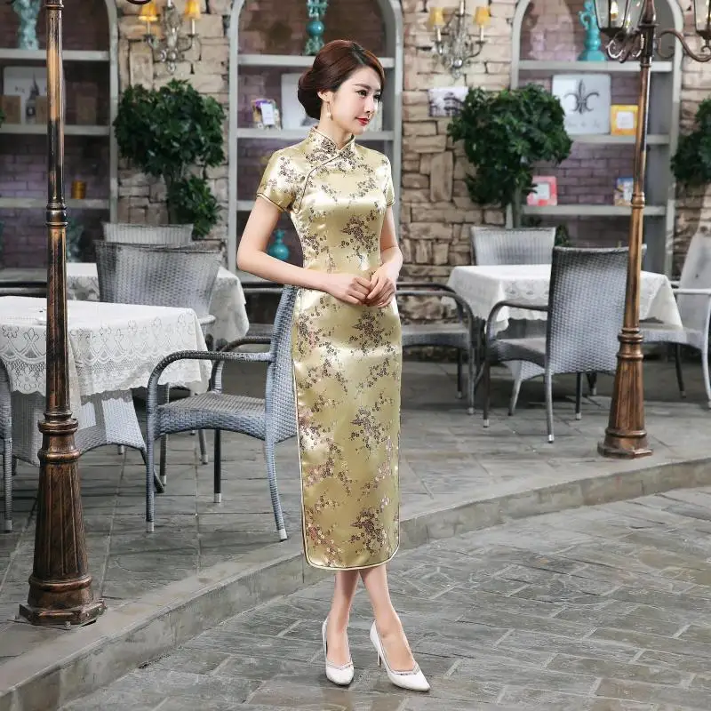 15 цветов китайское традиционное платье женское шелковое атласное Cheongsam с коротким рукавом длинное платье Qipao цветочный принт раскол свадебное платье