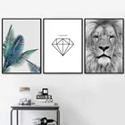 Настенная Картина на холсте с зелеными листьями, алмазным львом, животными, скандинавские постеры и принты, настенные картины для декора гостиной